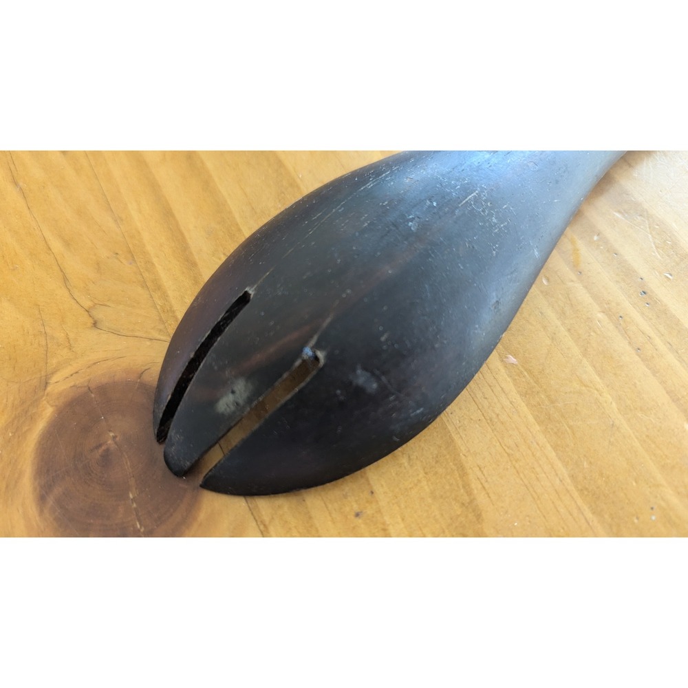 Vintage Dark Brown Hand Carved Wooden Salad Serving Fork 12.5 Inch Rustic Treen - Picture 4 of 6